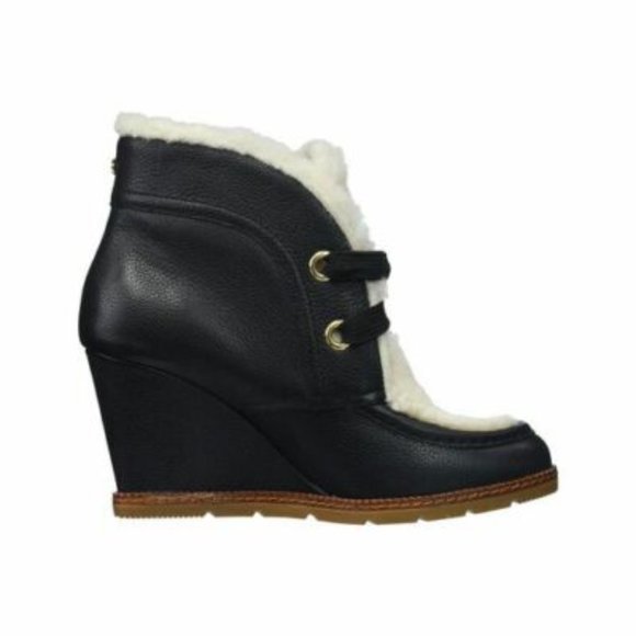 KATE SPADE NY SANDY BLACK LEATHER SHEARLING ANKLE BOOTS BLACK WEDGES SZ 9 *NEW - Picture 5 of 10